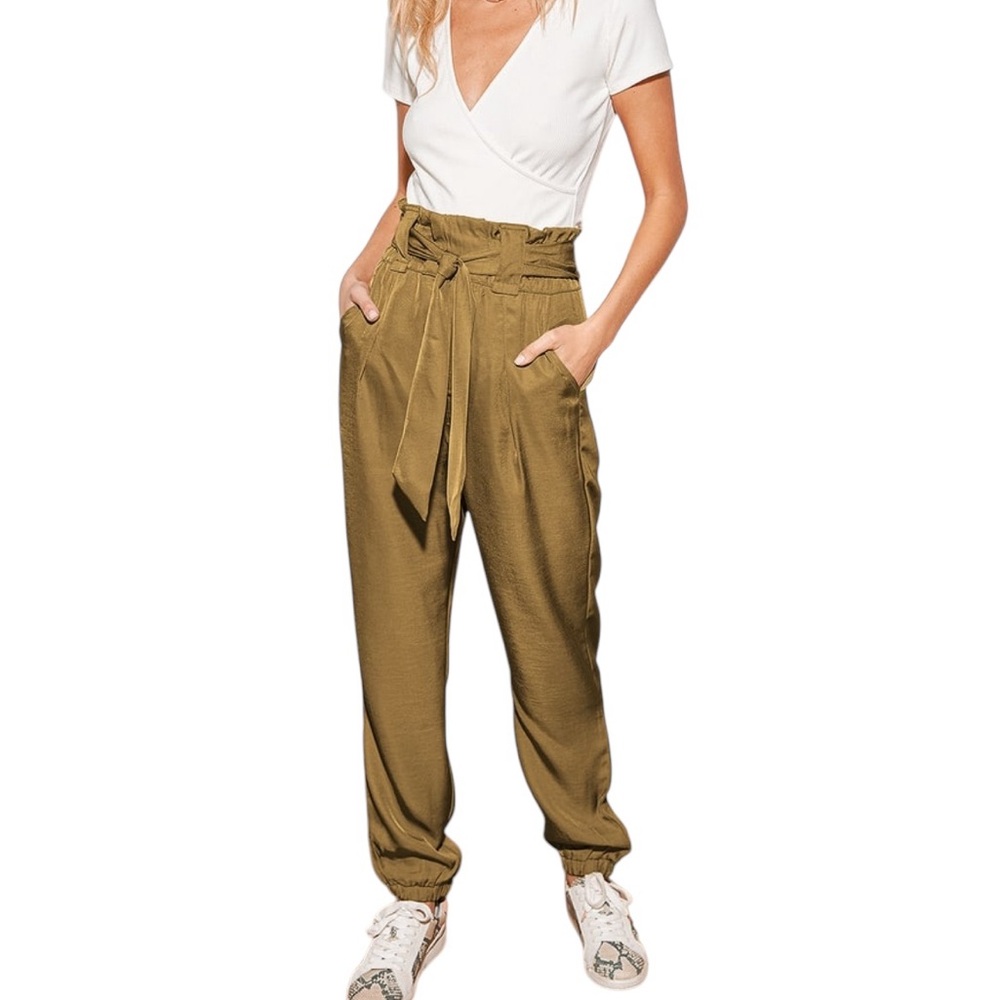 Current Air  Gold Foil Olive Silky Satin Joggers Paperbag Pants XS  NWT